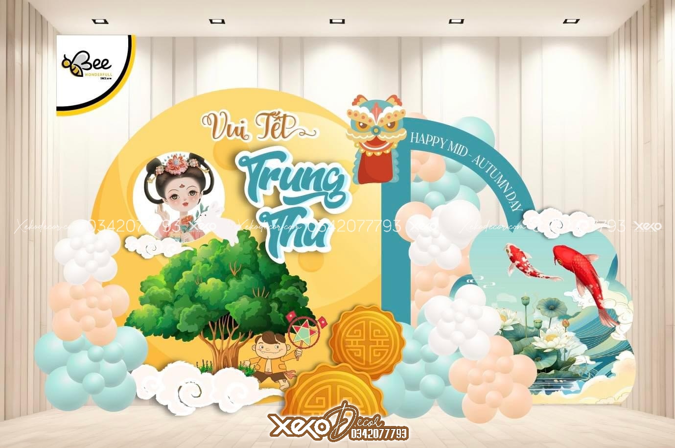 Mẫu trang trí background trung thu có họa tiết chị hằng, cây đa