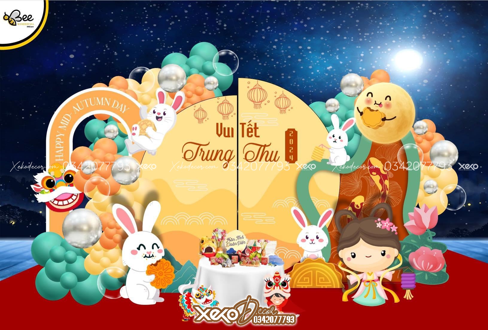 Mẫu trang trí background trung thu có họa tiết cung trăng dễ thương