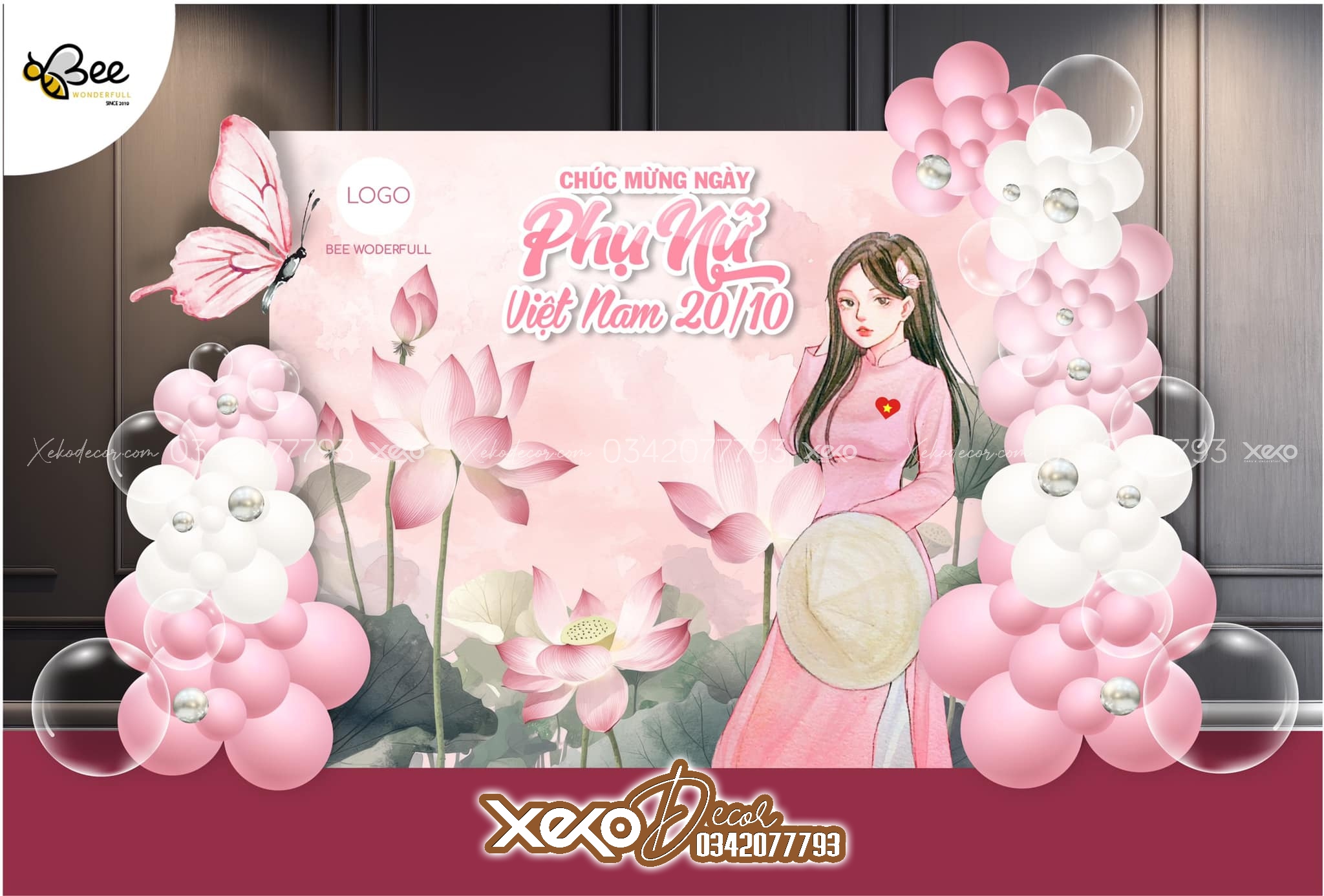 Trang trí background phụ nữ việt nam 20/10 tone màu hồng
