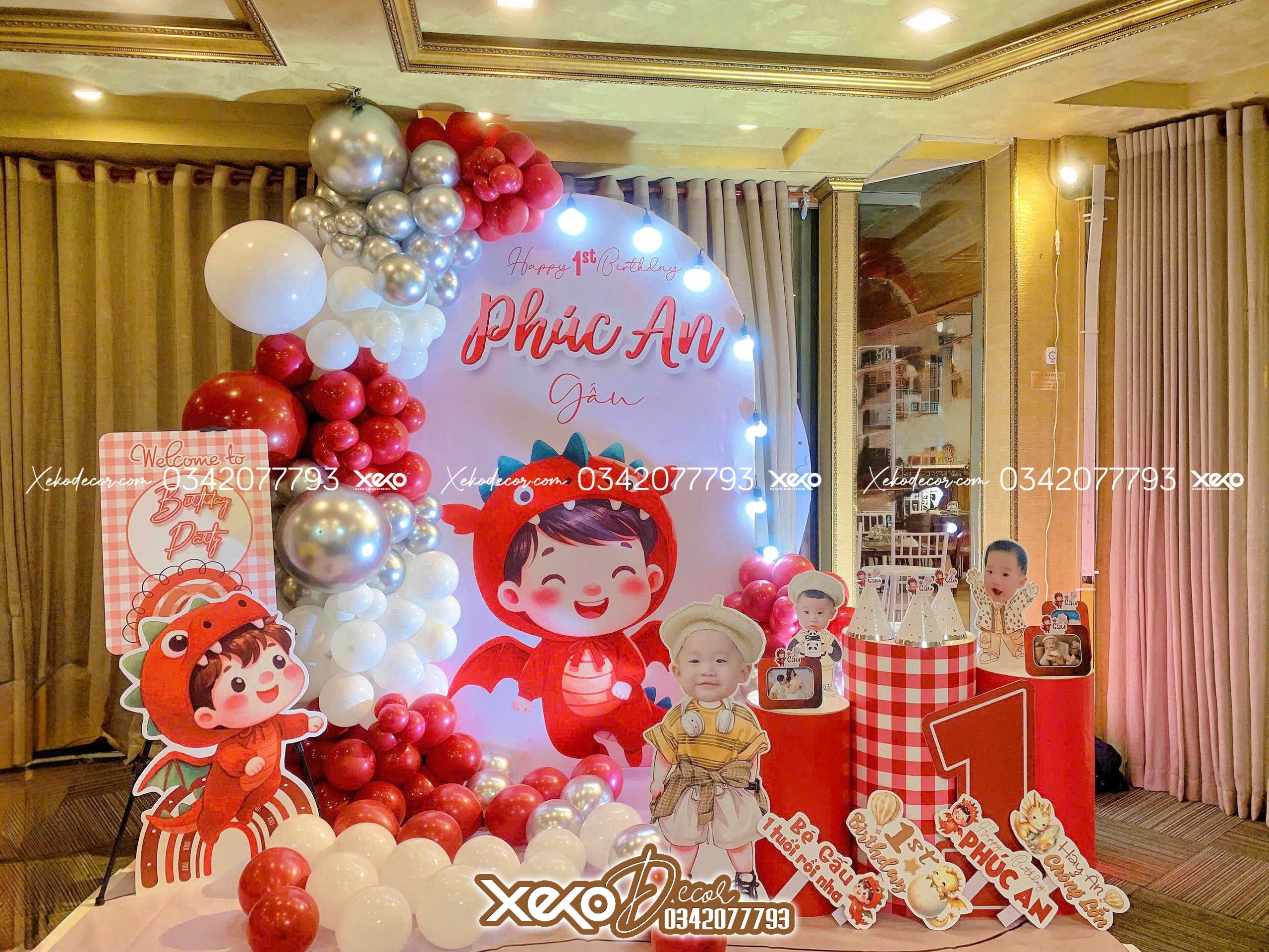 trang trí thôi nôi bé trai tông đỏ - bé Gấu