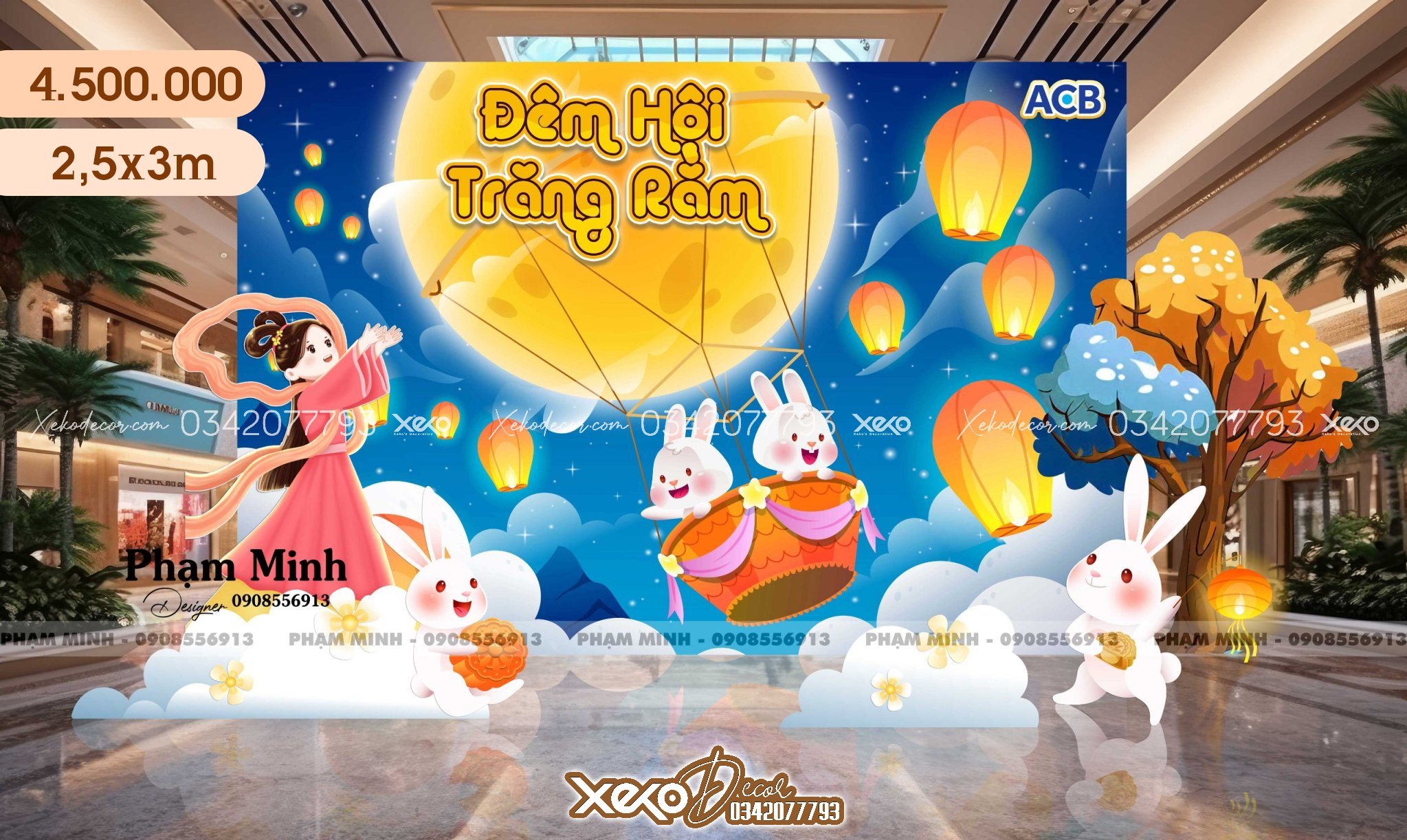 Trang trí background trung thu tone màu xanh dương và chị hằng